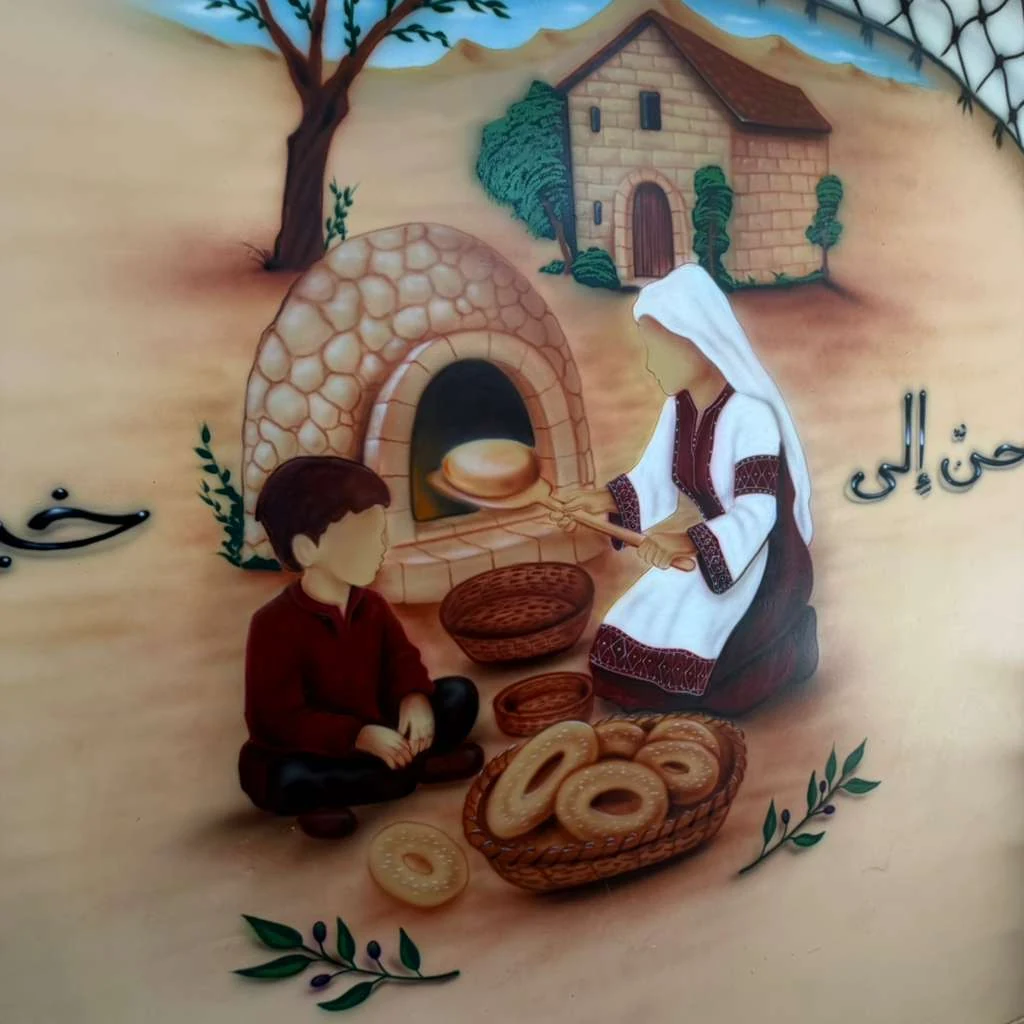 Mural of a mother and child baking traditional bread