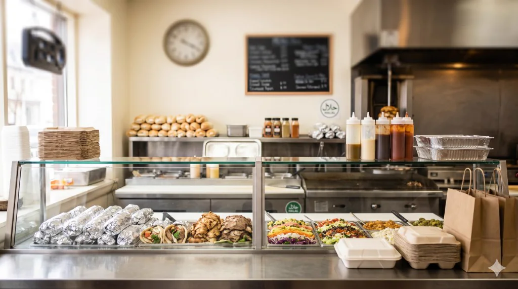 Halal deli counter with fresh shawarma, salads and takeout at Al Balad Deli