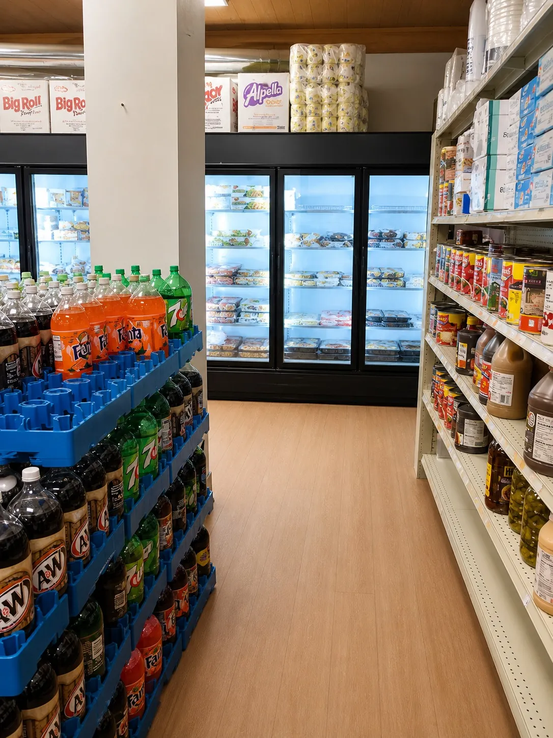 Glass-door freezers with frozen foods