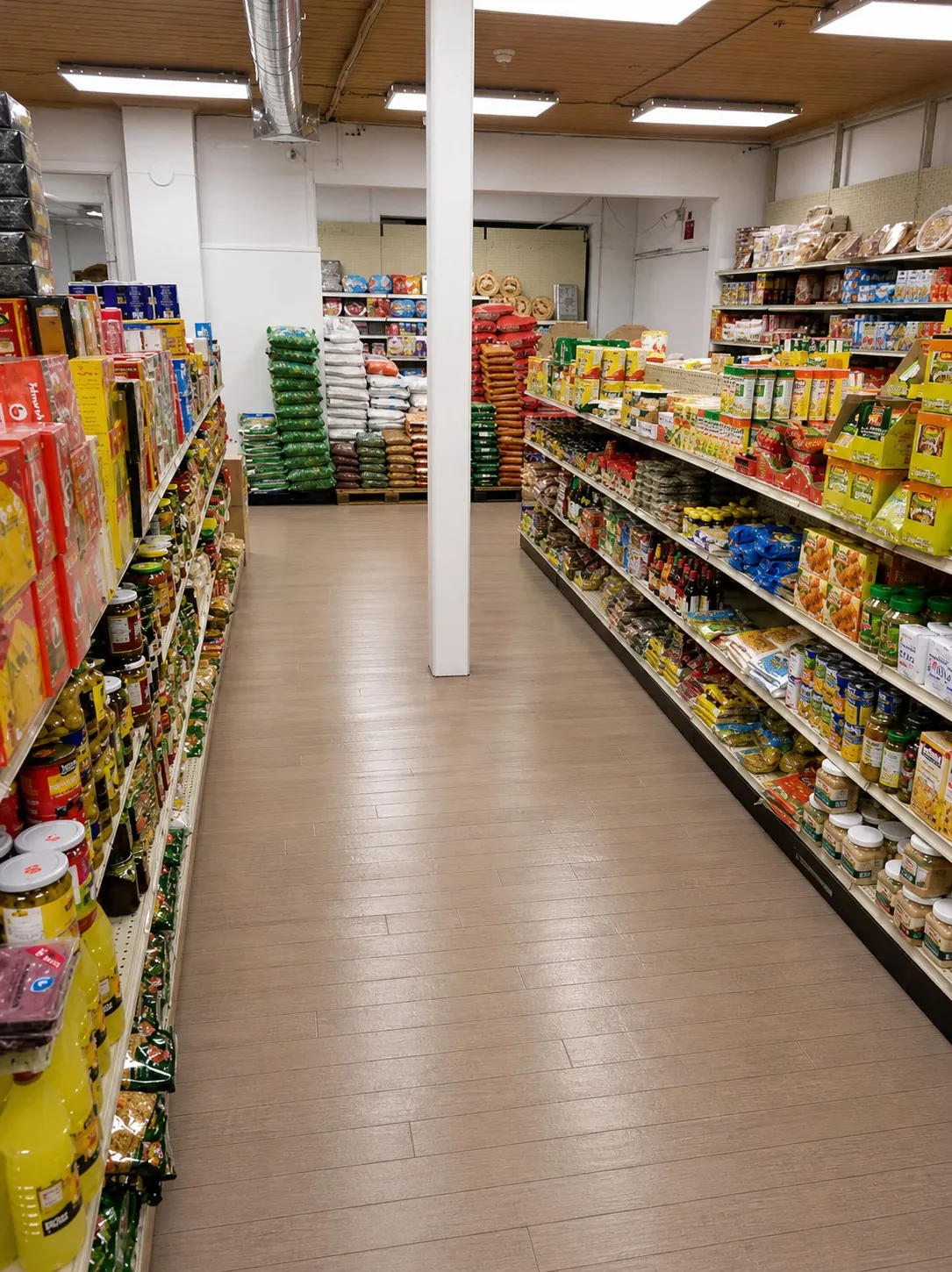 Grocery aisle with breads and pantry goods