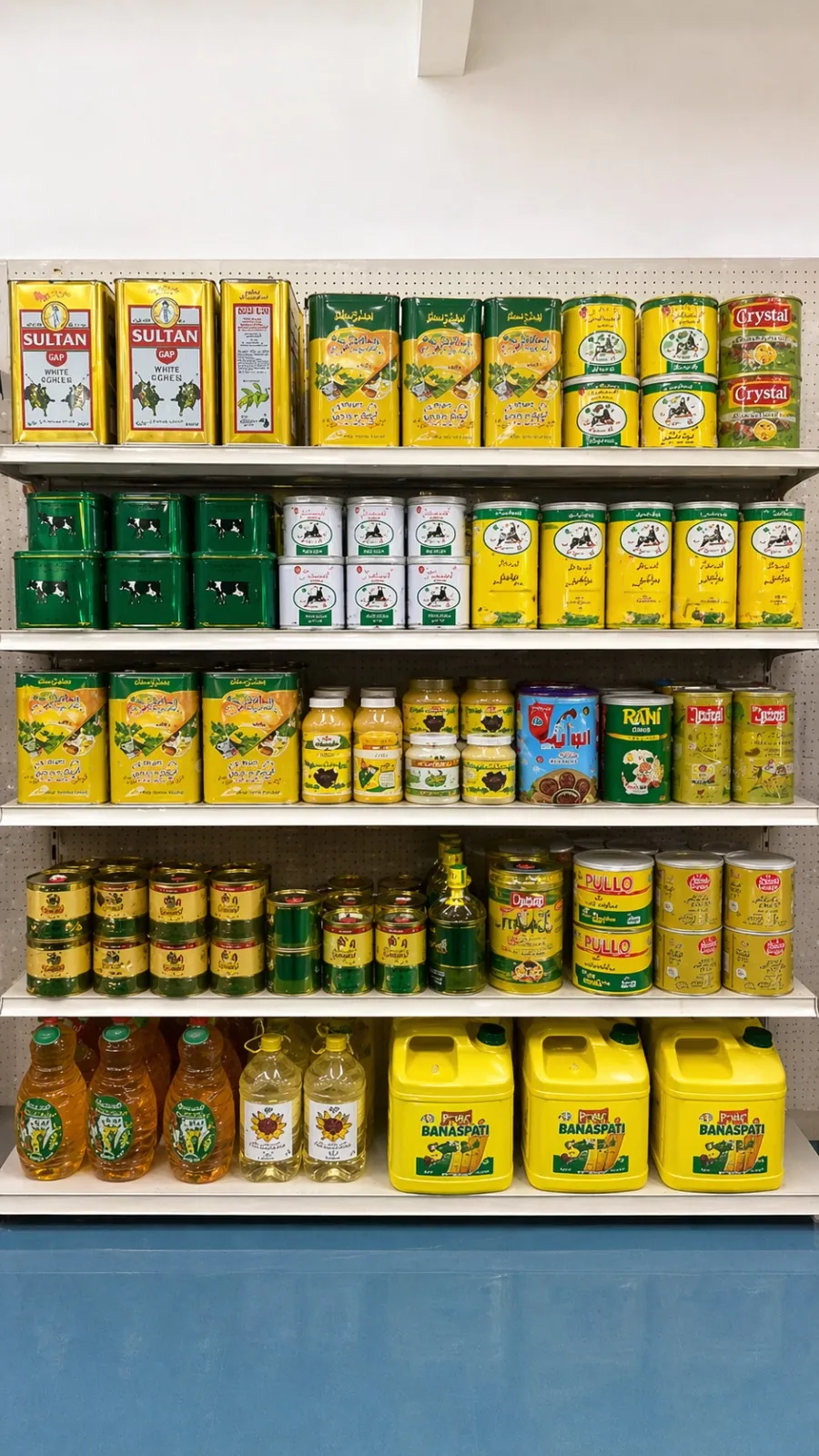 Shelves of imported oils, ghee, and canned goods