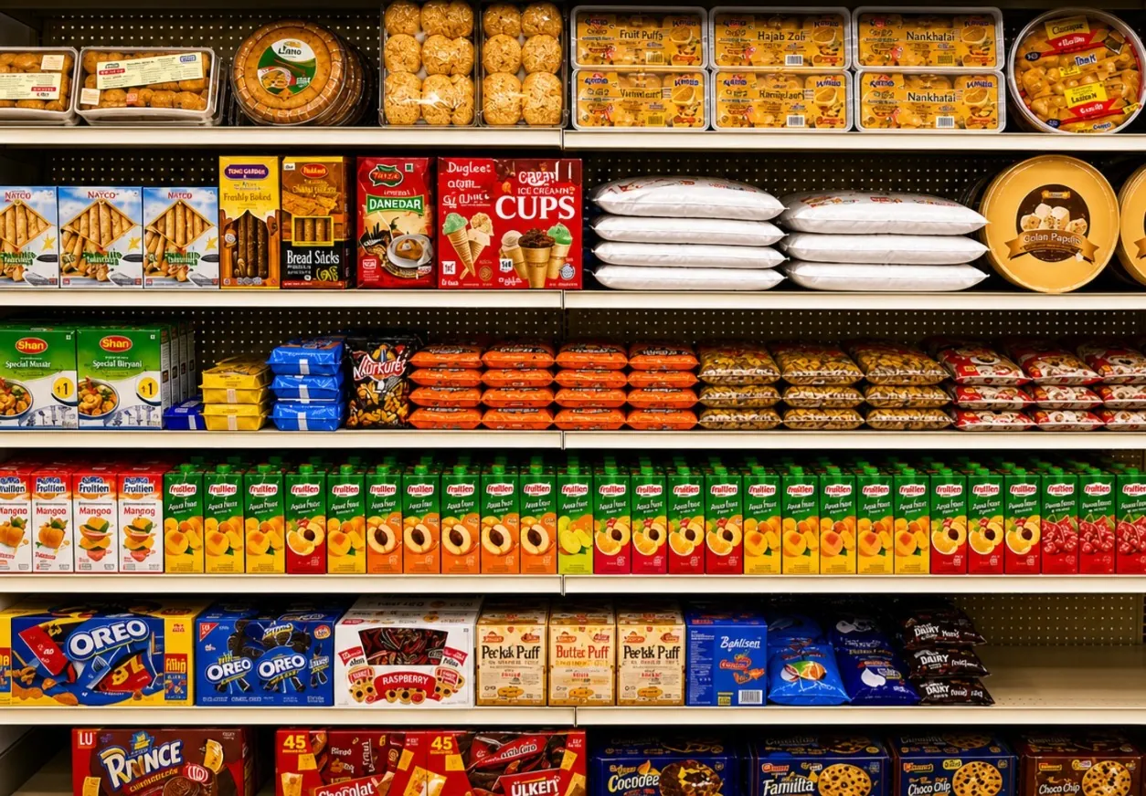 Assorted grocery products on store shelves