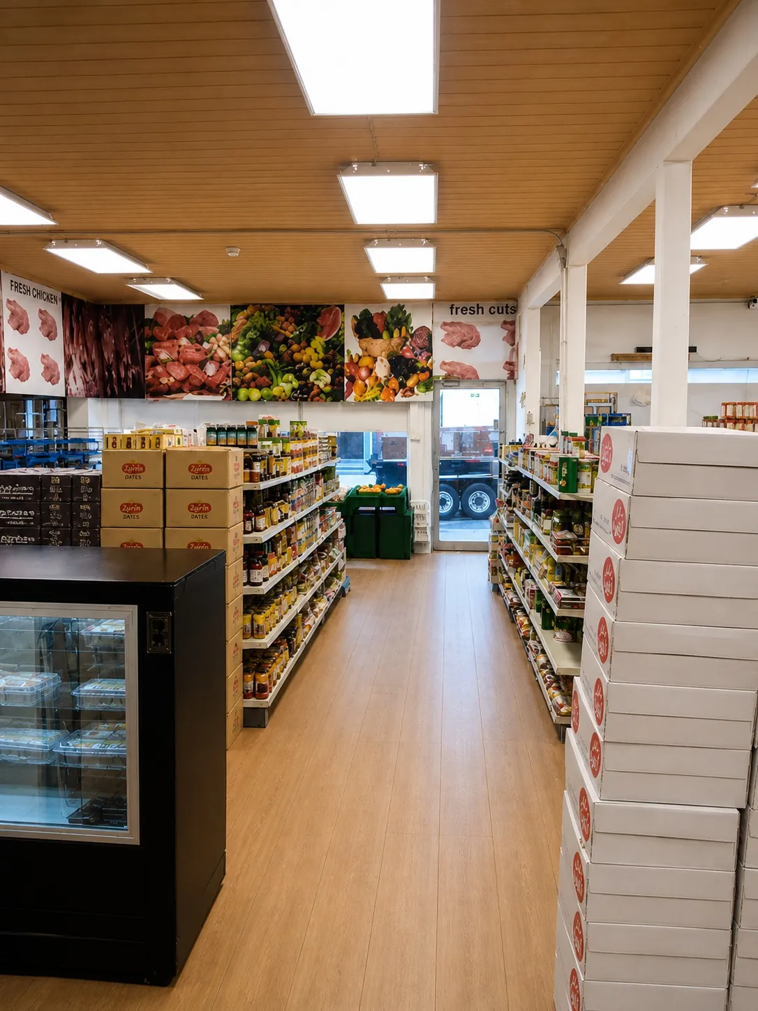 Aisle view inside Albalad Halal Market showing grocery shelves and fresh department signs