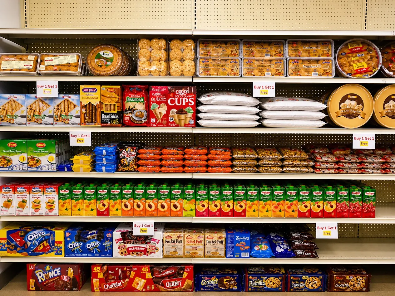 Spice mixes and international snacks on shelves