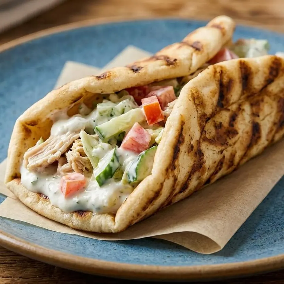 Chicken gyro in grilled pita with vegetables and white sauce