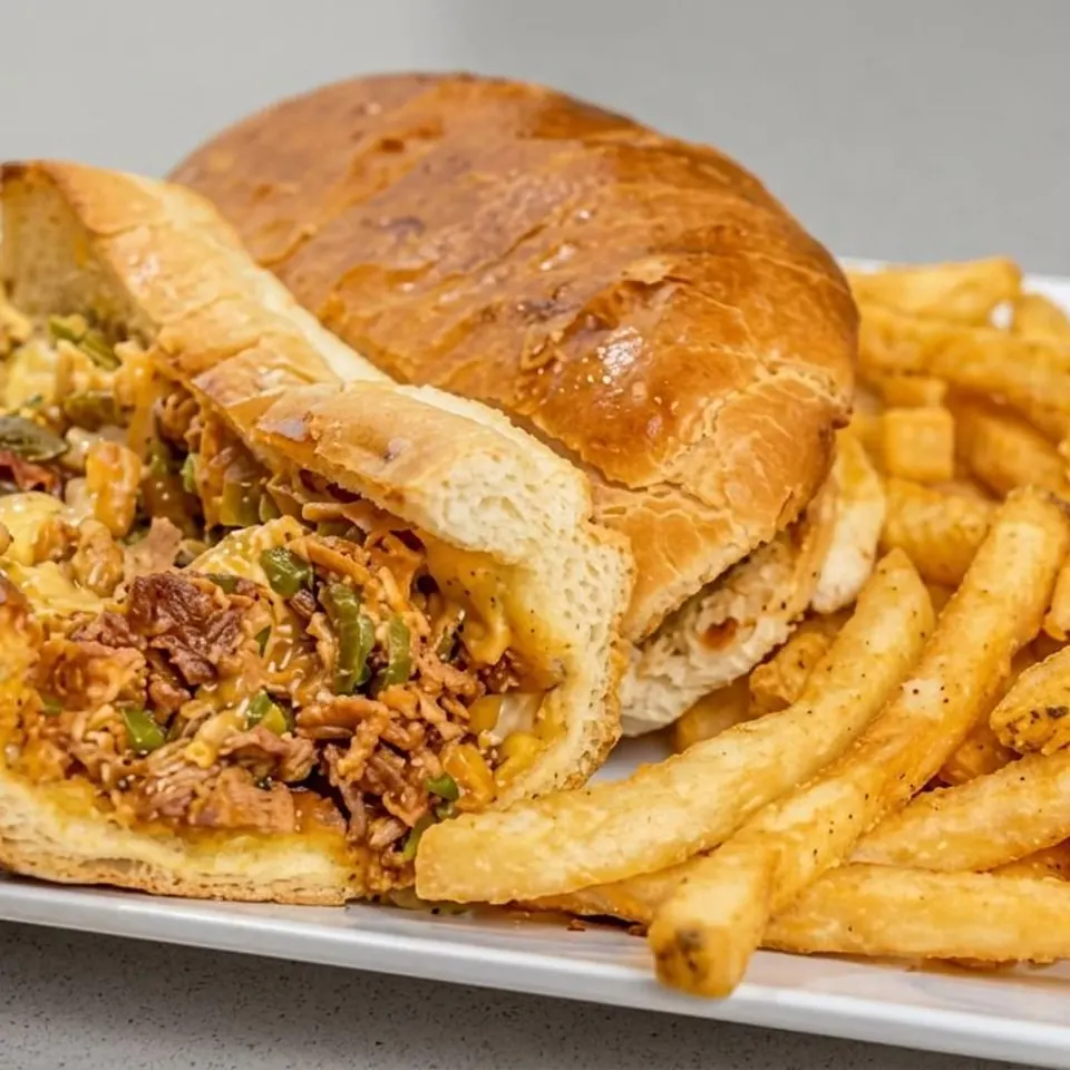 Chicken Philly sandwich with peppers, onions, and melted cheese