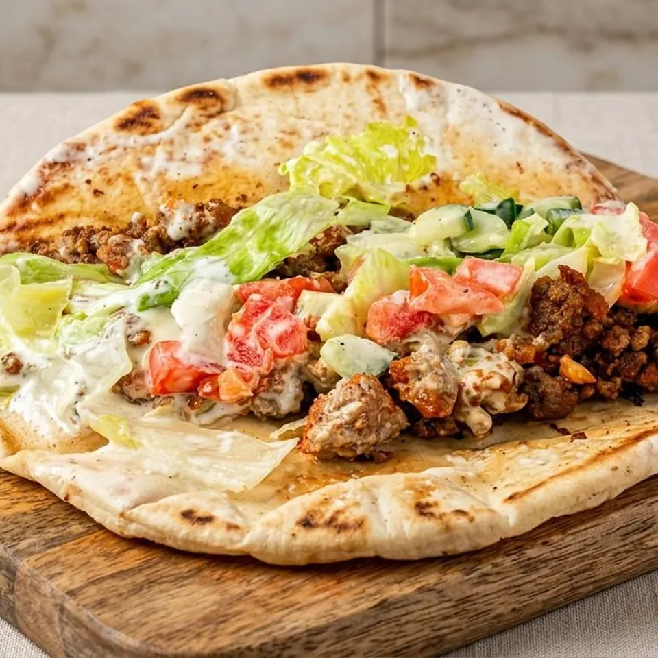 Lamb gyro in grilled pita with lettuce, tomato, cucumber, and white sauce