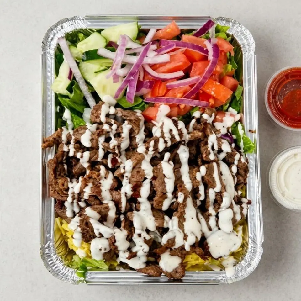 Lamb over rice with salad and white sauce