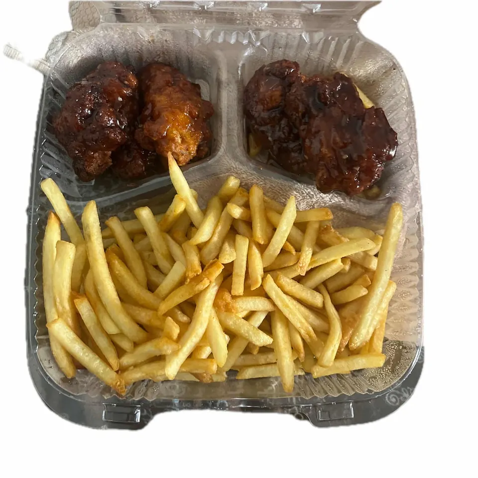 Six sauced chicken wings served with french fries