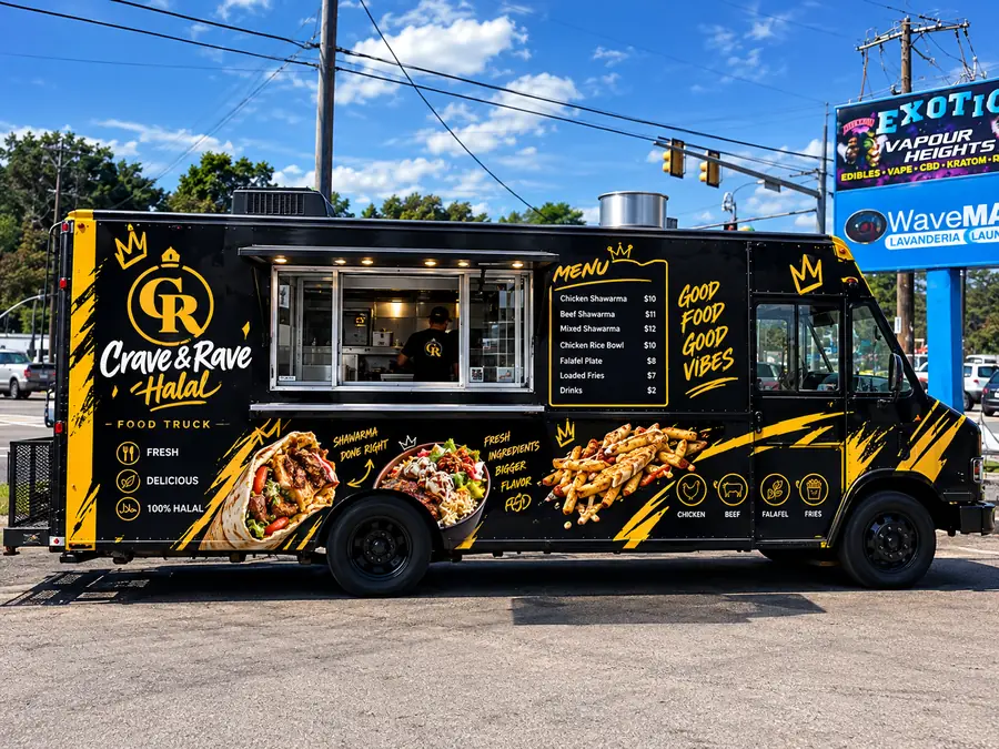 The Crave and Rave food truck with its service window open
