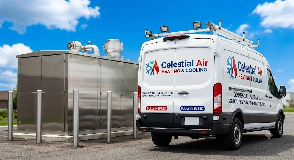 Celestial Air HVAC service van at a commercial installation site