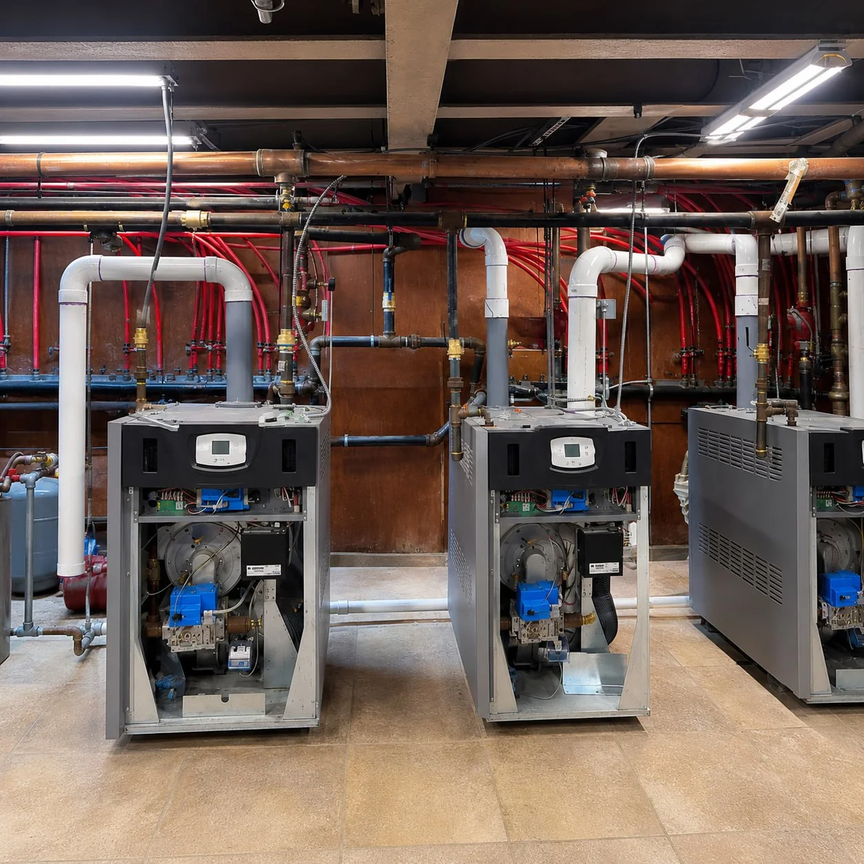 Commercial boiler mechanical room with copper and PEX piping