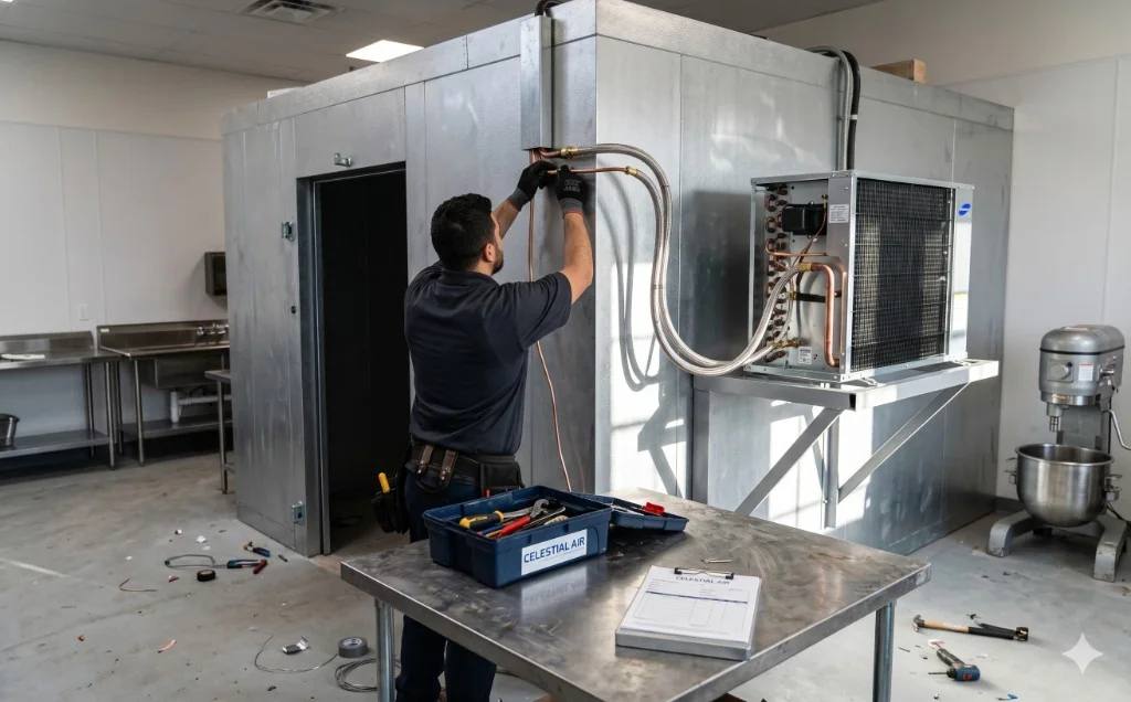 Commercial walk-in cooler refrigeration installation by Celestial Air HVAC
