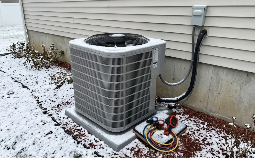 Residential heat pump outdoor unit serviced in winter with diagnostic gauges