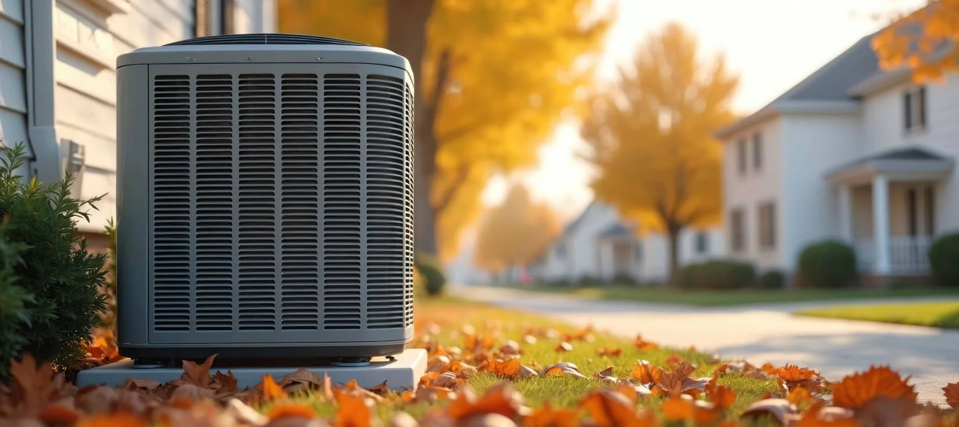 Residential air conditioning condenser unit outside a home in autumn